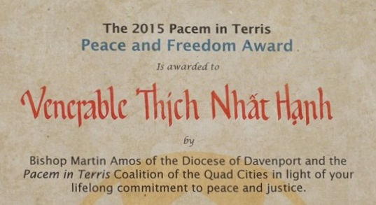 Thich Nhat Hanh Receives the Pacem in Terris Peace and Freedom Award